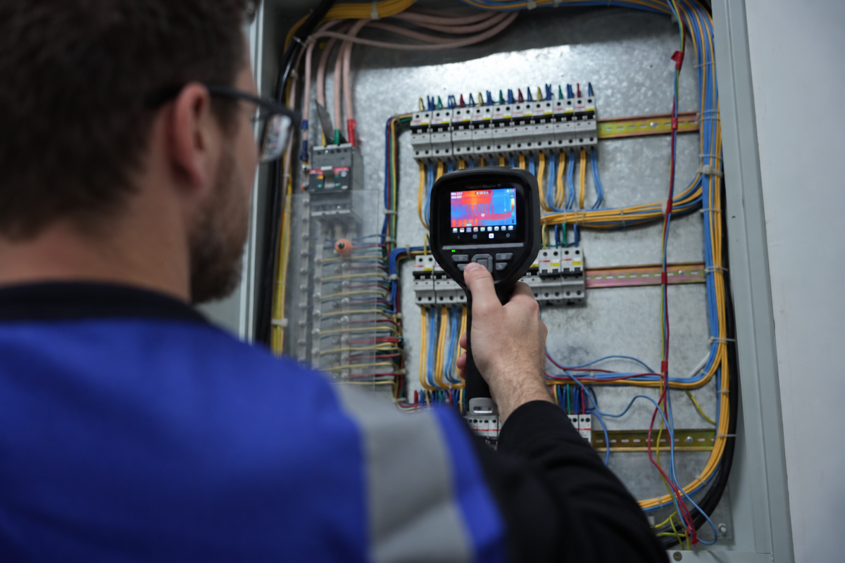 Technician using a handheld thermal camera to inspect an electrical control panel.