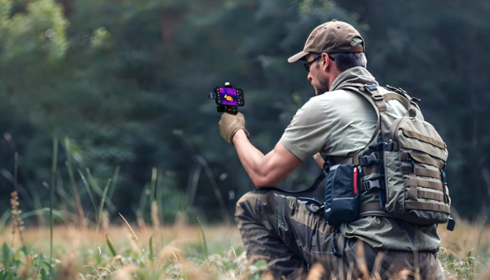 A man holding a handheld thermal monocular.