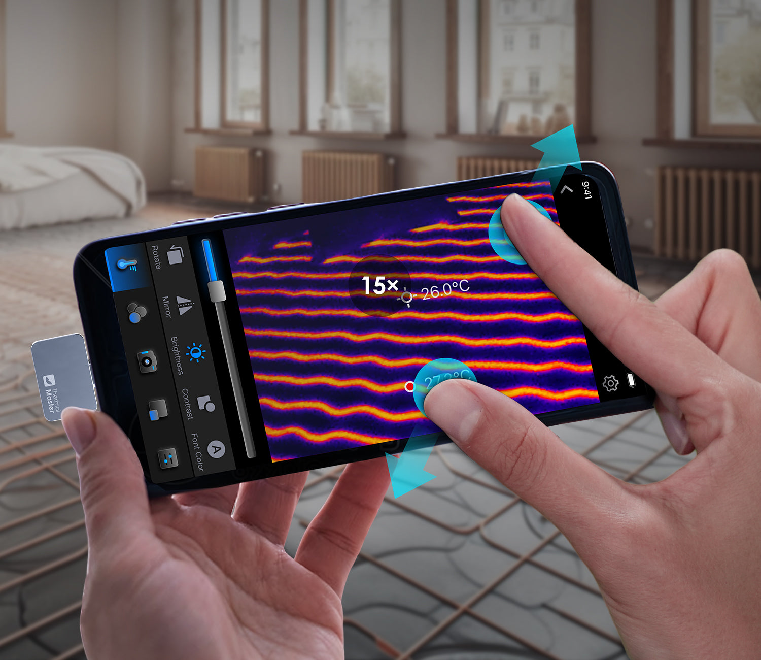The only P2 Pro thermal camera with 15× digital zoom and pinch-to-zoom support.