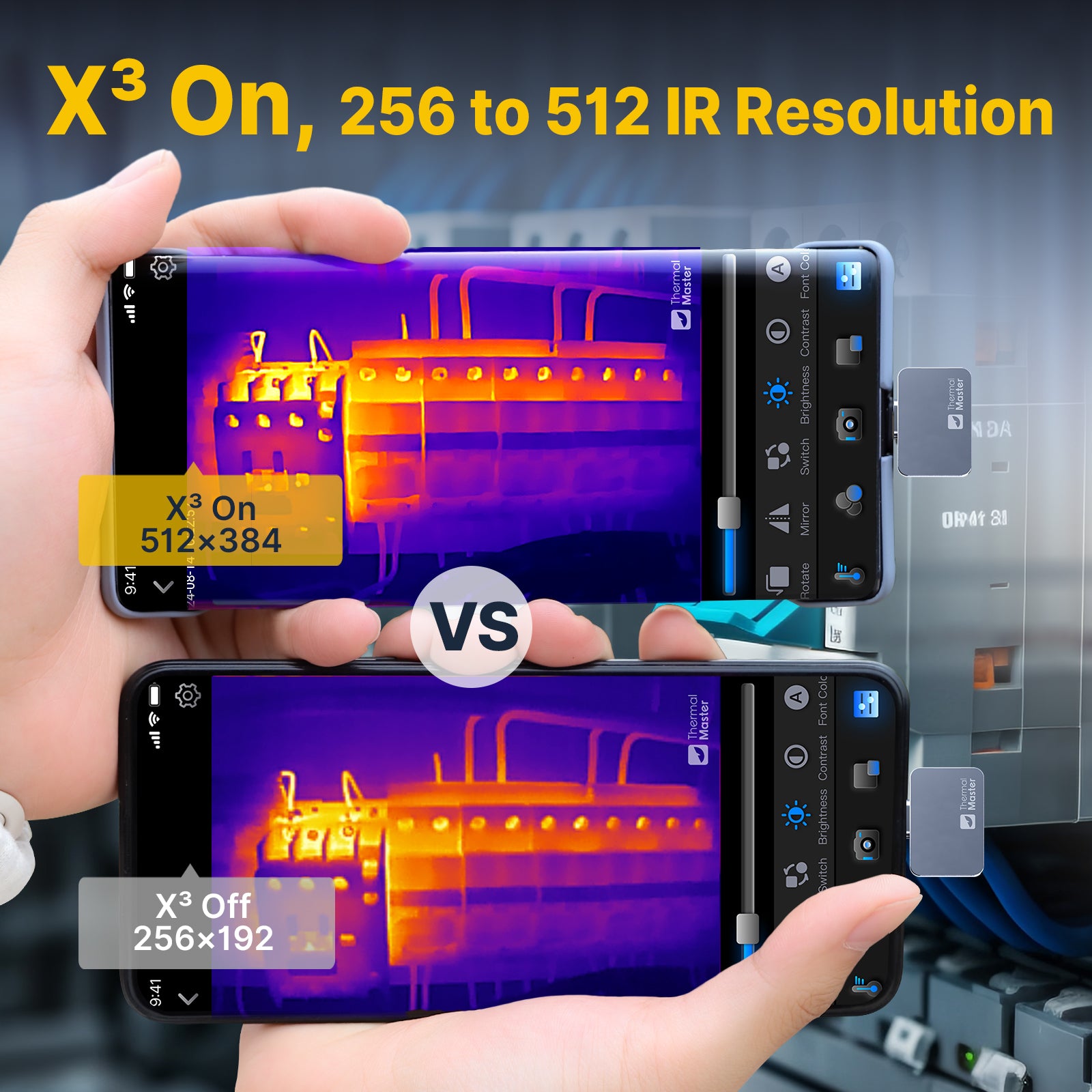 Thermal Master smartphone thermal camera showing X³ enhancement boosting IR resolution from 256×192 to 512×384 for clearer thermal imaging.