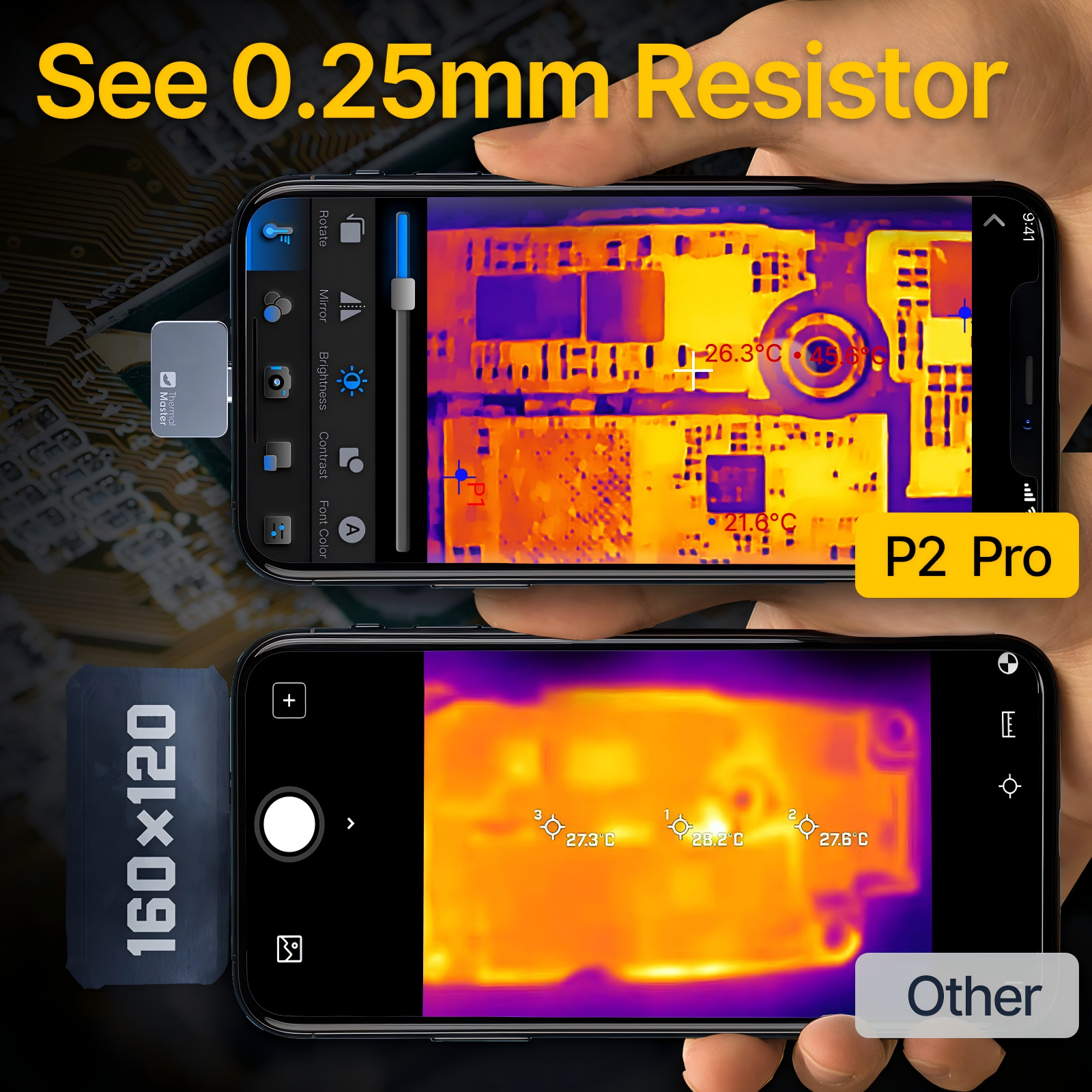 Thermal Master P2 Pro smartphone thermal camera detecting 0.25mm resistor with sharp 256×192 IR resolution, compared to lower clarity 160×120 thermal image.