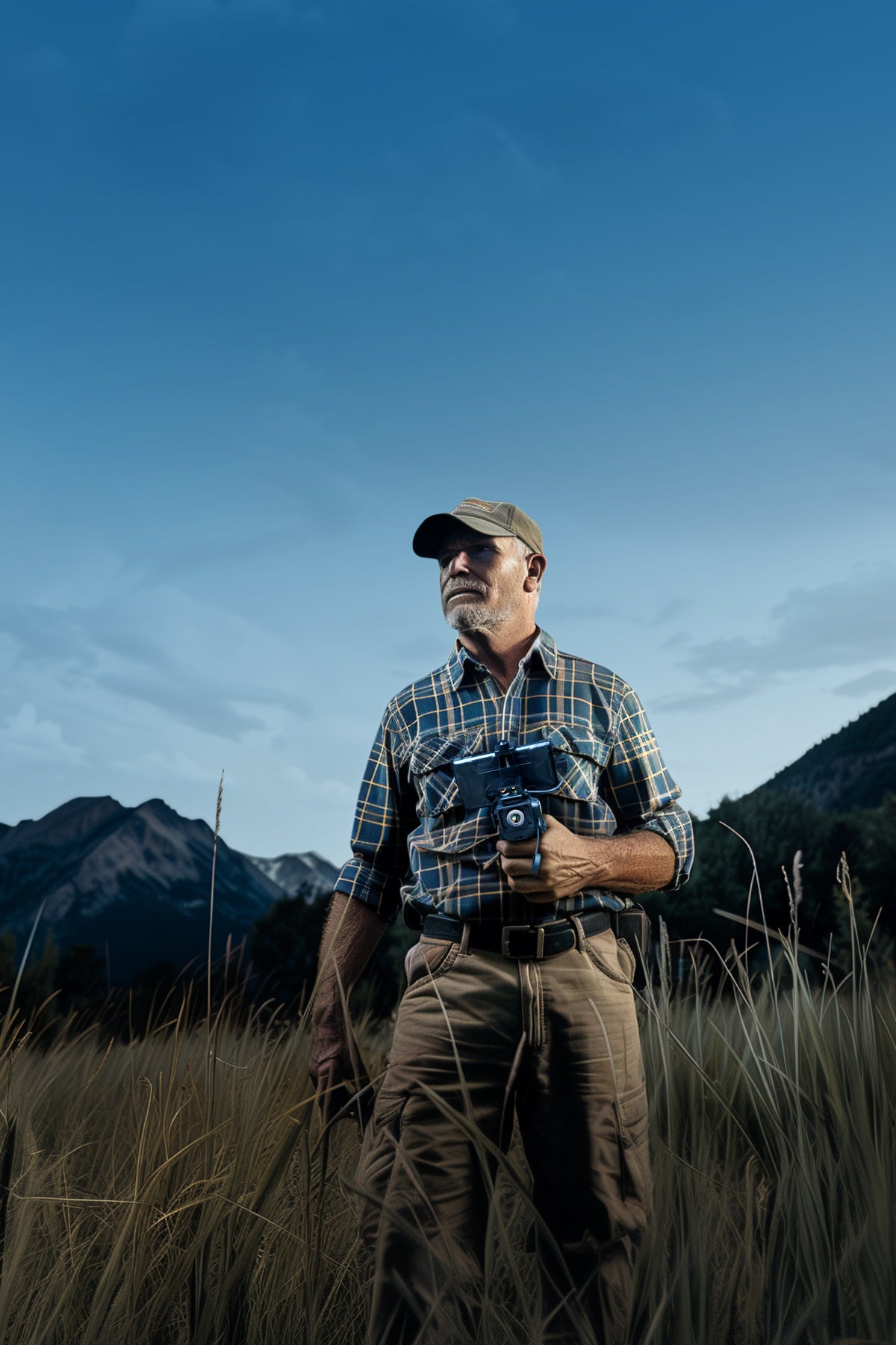 Man holding a Thermal Master thermal monocular in a grassy field, with mountains in the background under a blue sky.
