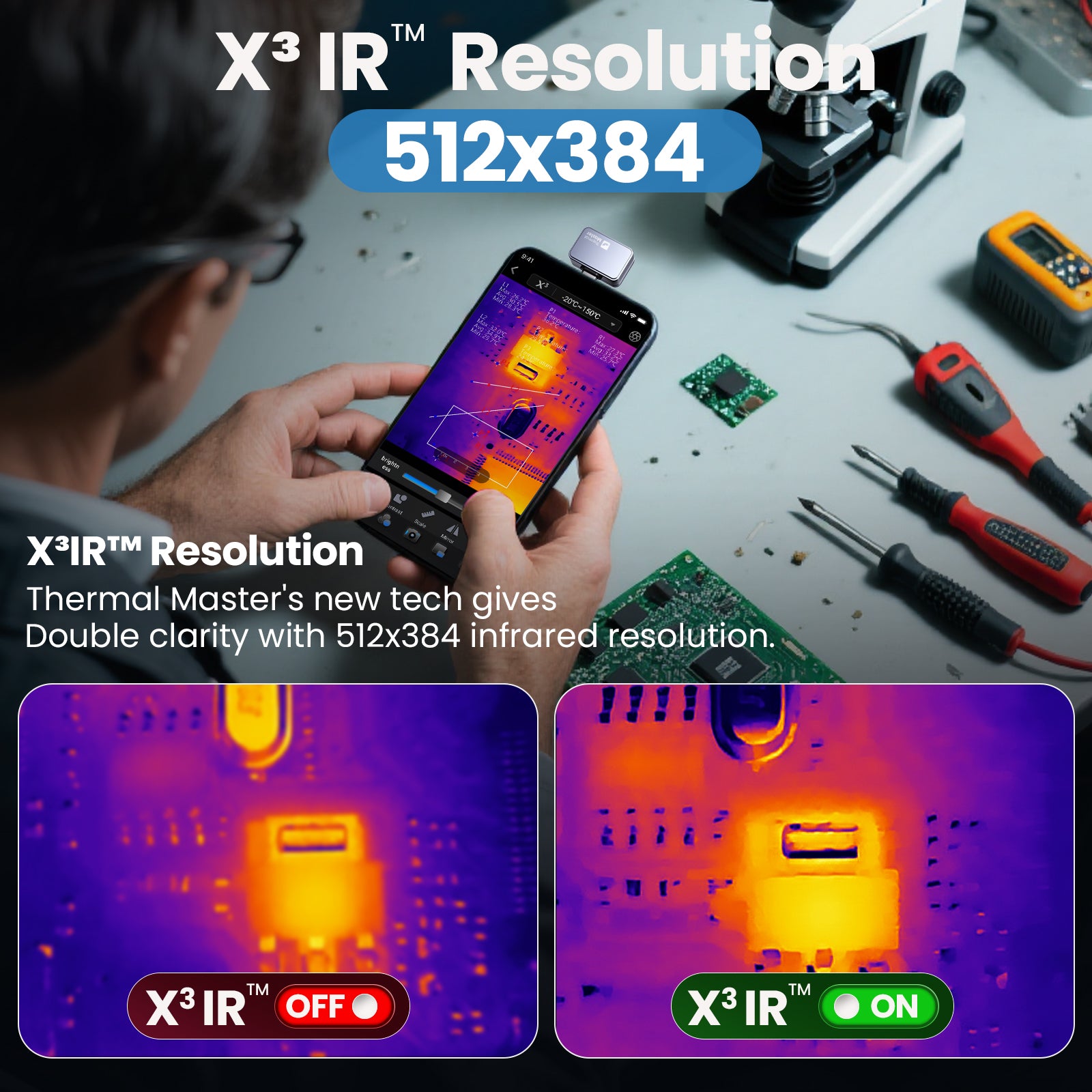 Electrician using Thermal Master P2 Pro for PCB leakage inspection, high-resolution thermal camera