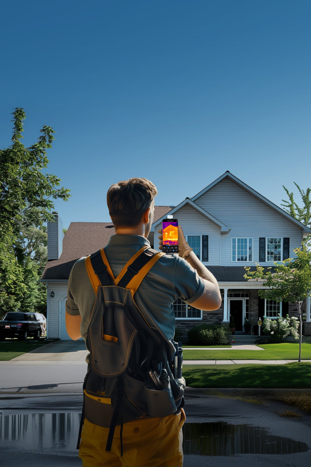 thermal master trusted by 100000+ electricians worldwide, an electrician is holding a phone thermal camera doing HVAC inspection