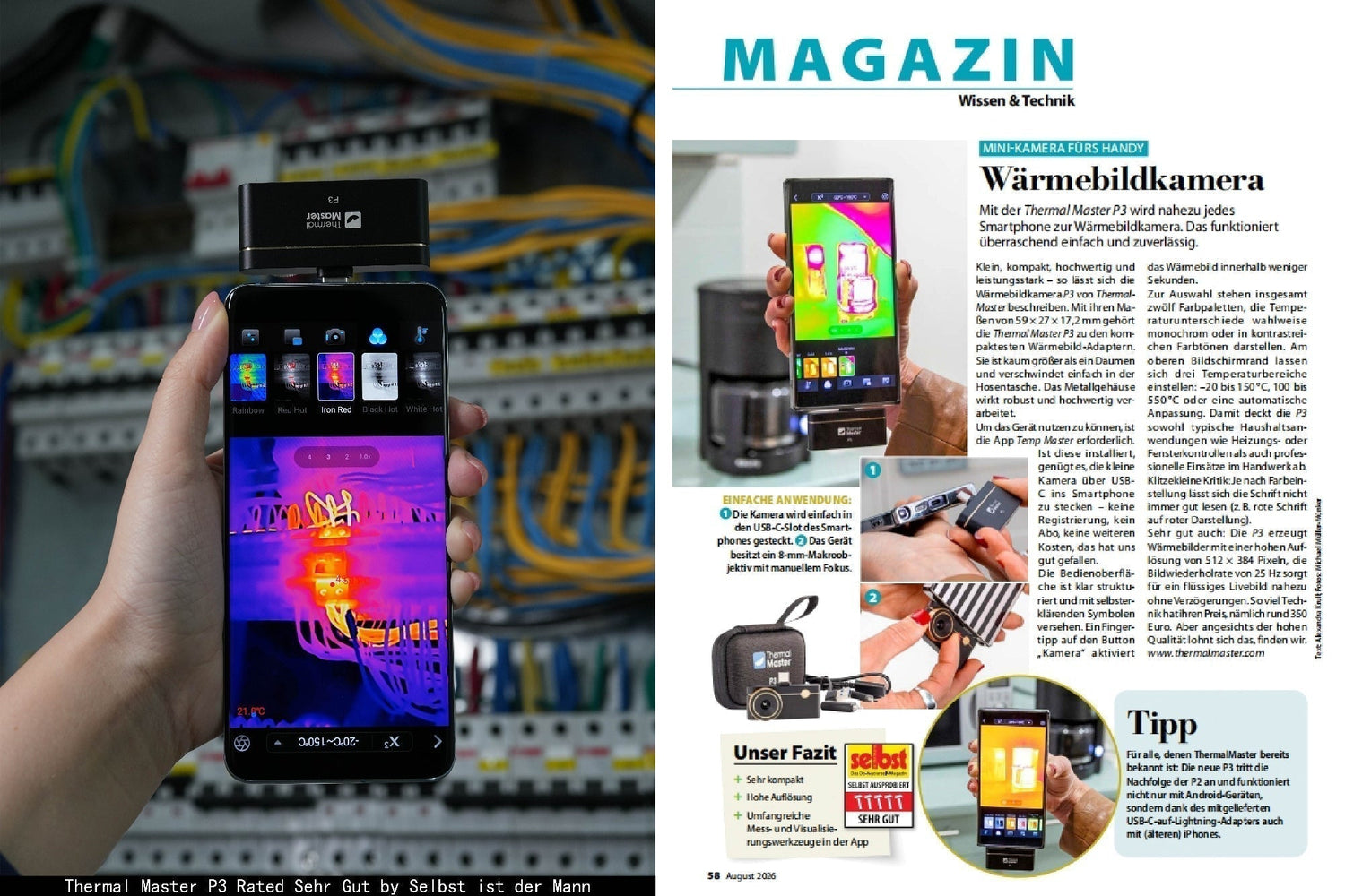 Thermal Master P3 smartphone thermal camera review showing electrical inspection and German magazine test results