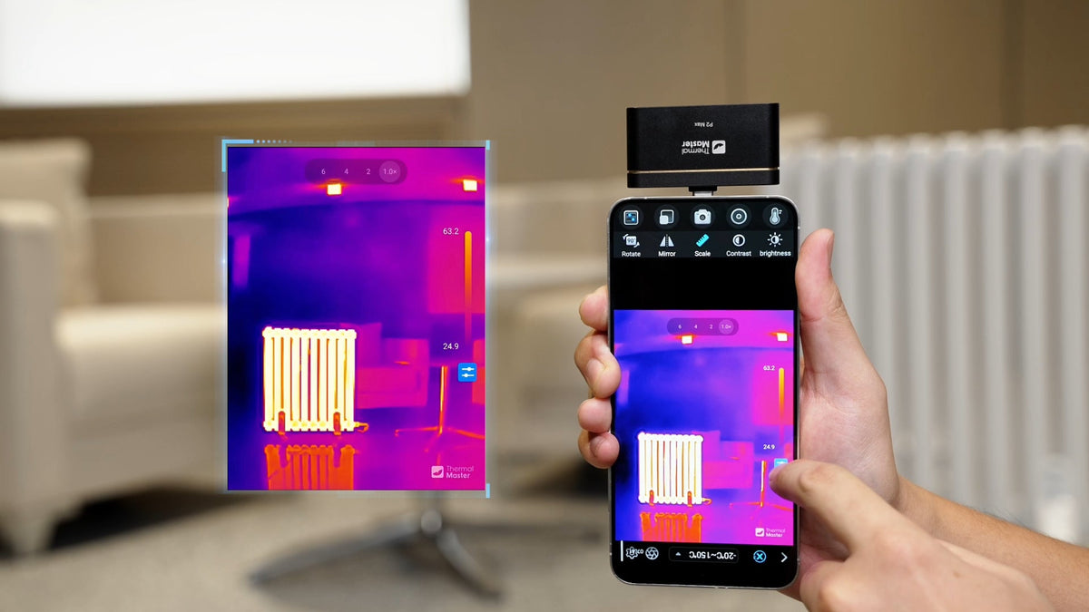 Thermal Master P3 Lite  connected to a smartphone scanning a radiator for temperature differences.