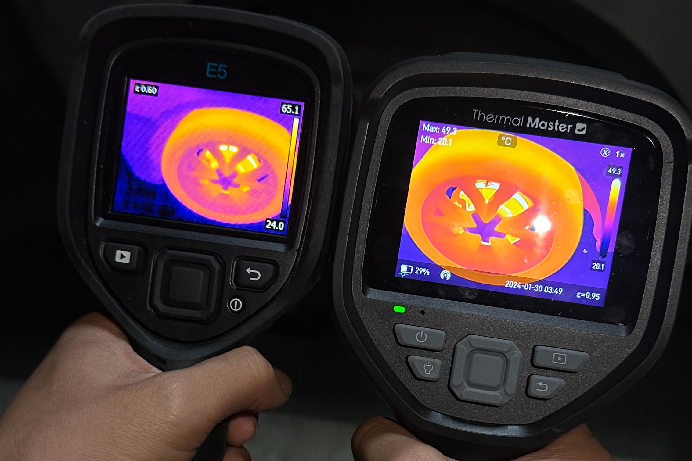 Thermal Master Thor002 handheld thermal camera compared with FLIR E5 showing thermal images of a vehicle wheel.