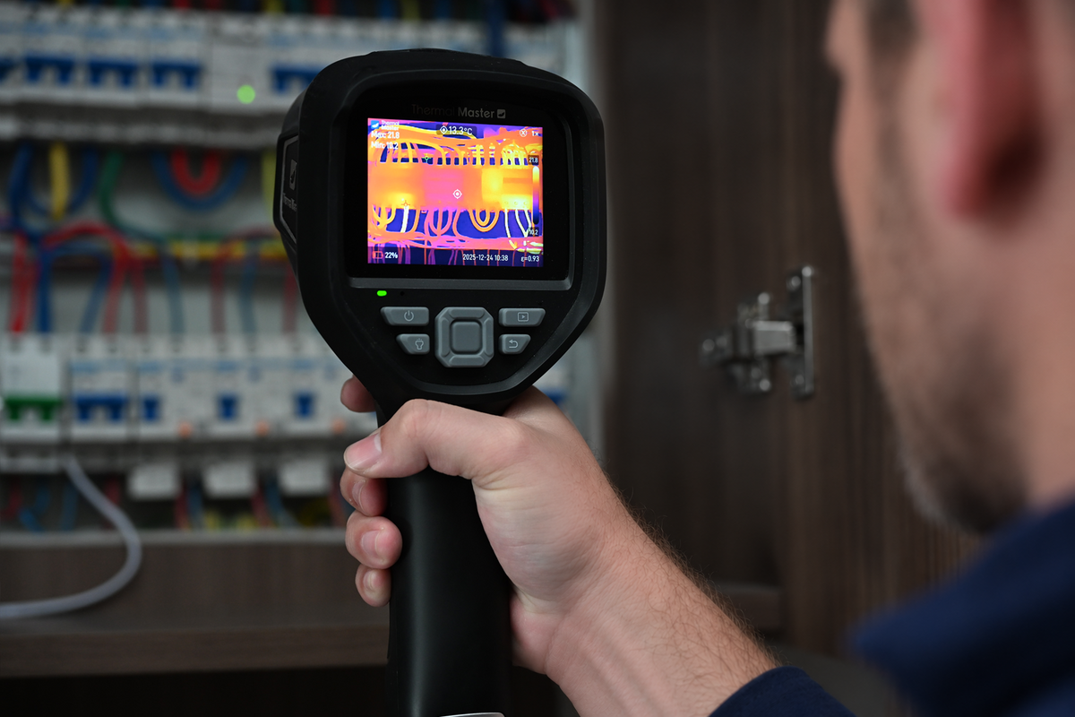 Technician using a Thermal Master handheld thermal camera to inspect an electrical panel.
