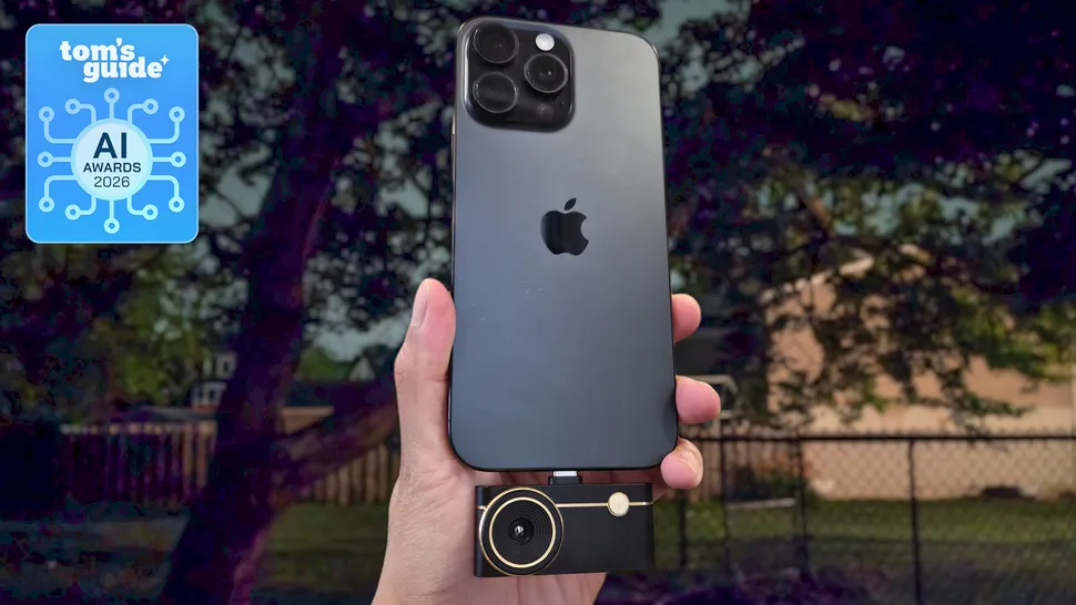 iPhone connected to the Thermal Master P3 thermal camera outdoors, featuring the Tom's Guide AI Awards 2026 badge.